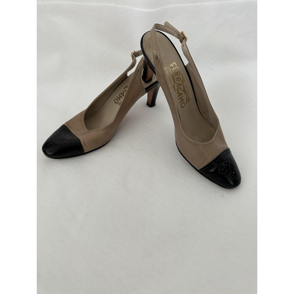 Vintage Salvatore Ferragamo Cap Toe Slingback Heels Taupe and black Size 7AA